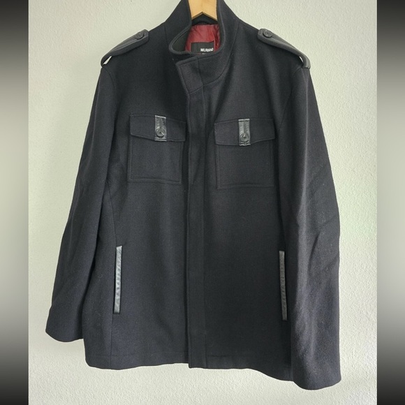 Murano Wool Blend Jacket Coat XL Men Black Leather Trim Military Heavy 90s Y2k - Picture 3 of 16